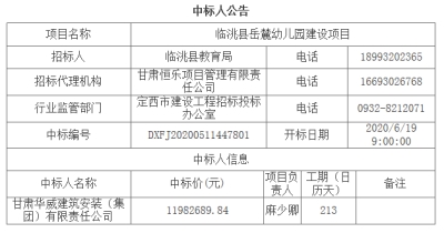 【标讯】公司中标临洮县岳麓幼儿园建设项目