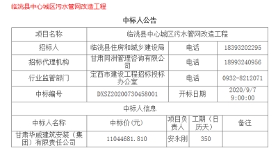 【标讯】公司中标临洮县中心城区污水管网改造工程