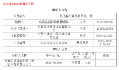 【中标公告】公司中标临洮县文峰北路景观工程